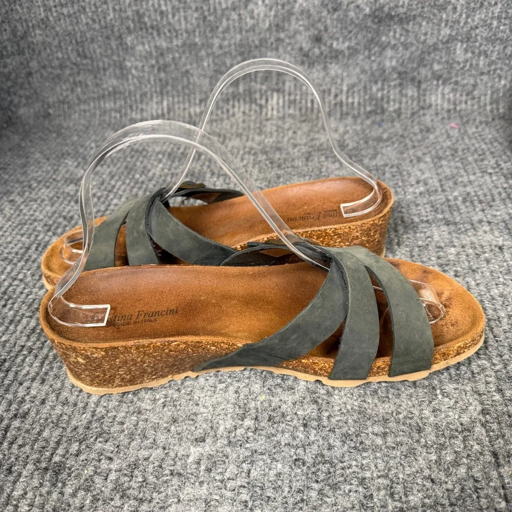 Cristina Francini Italian Leather Wedge Sandals Womens 8.5 Dark Grey Cork Slide